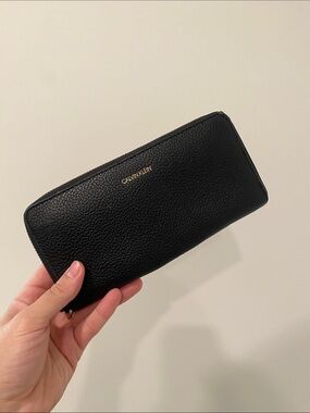 Calvin Klein Black Pebbled Zip Wallet with Gold Logo